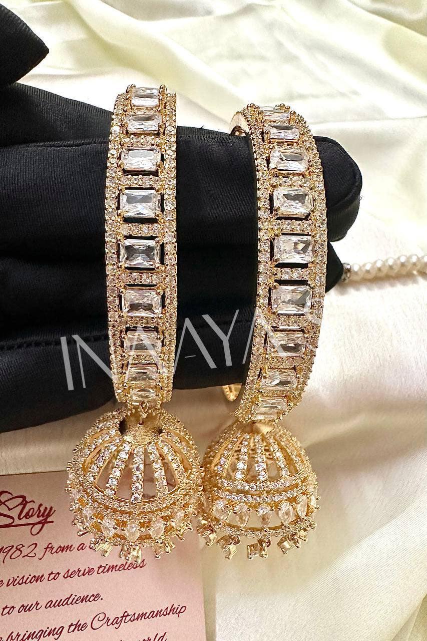 Golden Premium AD Stone Jhumki Drop Bangle Set, Indian Asian Bangles Churiya Bangle Set Kangan Bangles Pack Of 2. - Libasaa