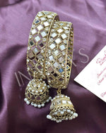 Satin Gold Mirror Jhumka Bangles Set, Mirror Bangles, Jhumki Bangles, handcrafted set of 2 golden color bangles, bracelet - Libasaa