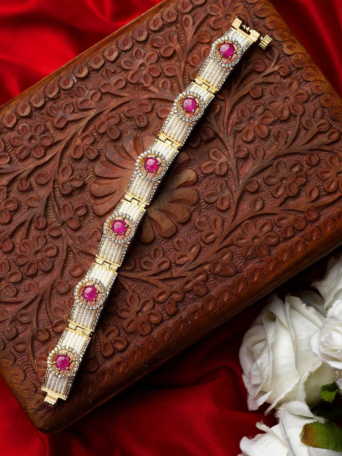 Kundan Bracelet, Pink Stones & White Pearls Beaded Chain Bracelet, Indian traditional bracelet, Bollywood Indian Jewelry | Gifts for Her - Libasaa