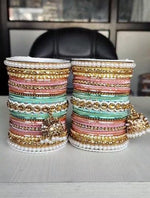 Pink & Mint Bridal Jhumki Bangles Set, Stones Pearl work, Wedding bangles, Indian Jewelry, Bridal Bangles Wedding Navratri Bollywood Bangles - Libasaa