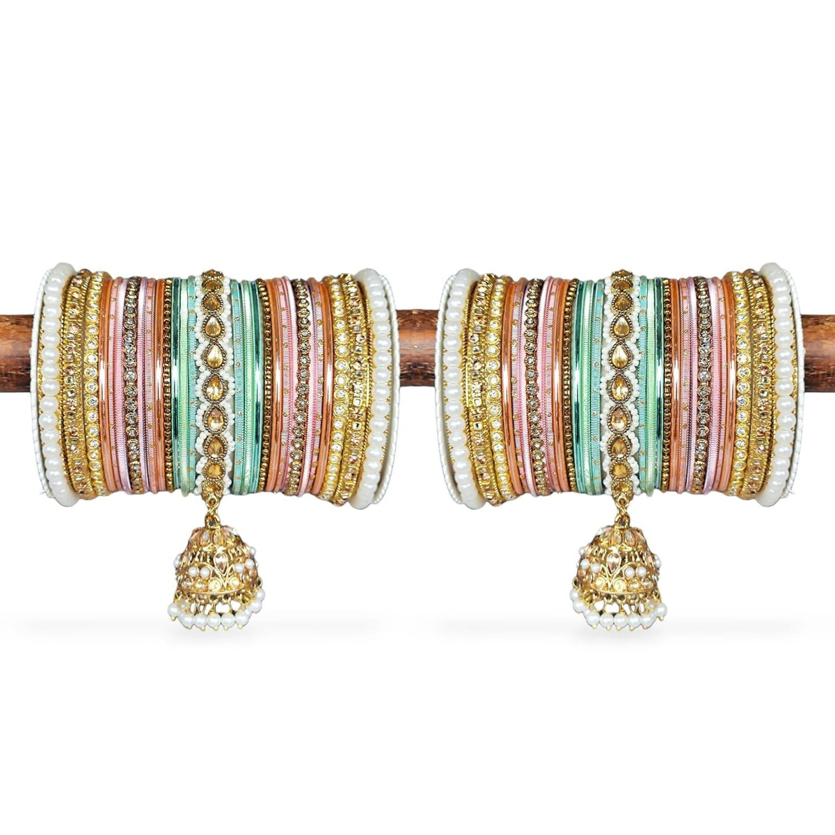 Pink & Mint Bridal Jhumki Bangles Set, Stones Pearl work, Wedding bangles, Indian Jewelry, Bridal Bangles Wedding Navratri Bollywood Bangles - Libasaa