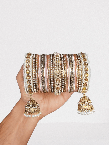 Pink Pearl Indian Bangles Bracelet Set with Jhumki Borders, Indian wedding bangle set, Indian Pakistani South Asian Bridal, Hand Jewellery - Libasaa