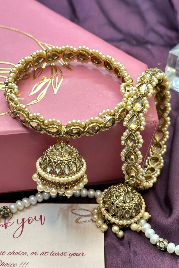 Indian Kada Bangles Antique Reverse AD Pearl Gold Jhumki Latkan Bangles Set of 2