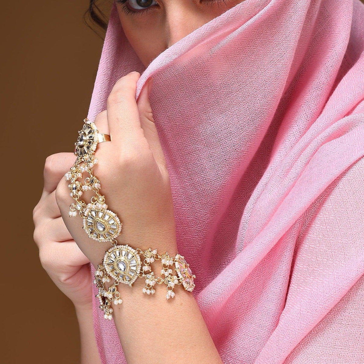 Bridal Kundan Stones Pearl Adjustable Haath Phool, Bridal Hand Harness, Kundan Stones Ring Bracelet, Indian Jewelry, Gift for Her, Set of 2 - Libasaa