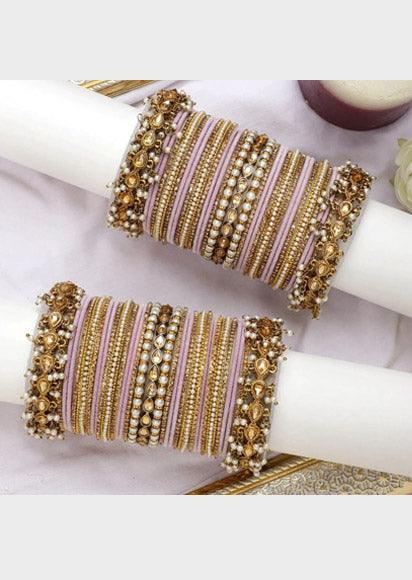 Velvet Bridal Bangles Set With Kundan Pearl Bangles, Indian Pakistani Bridal Bangles With Kundan Velvet Bridal Bangles Lightweight Jewelry - Libasaa