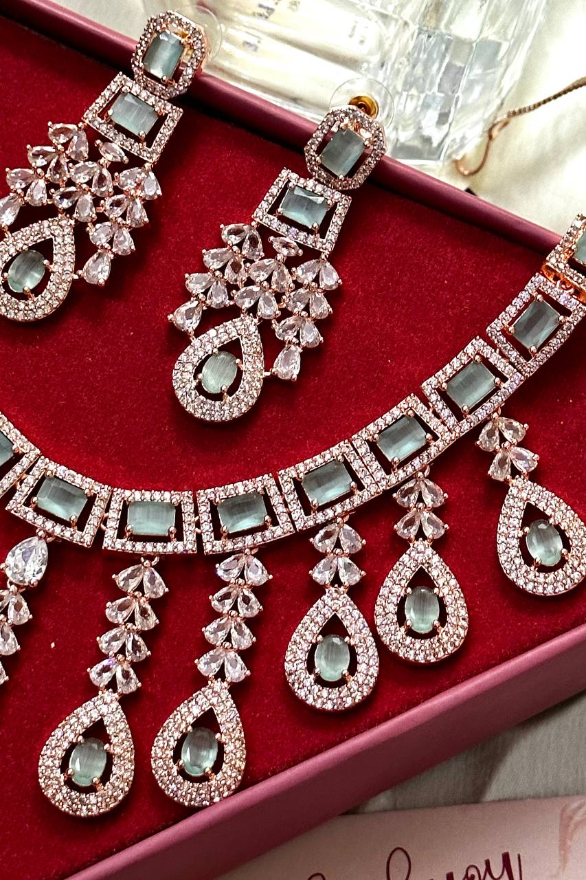 American Diamond Silver Wedding Necklace Earring set, Mint Cz Stone Indian Jewelry, Mint Green Statement Necklace, Indian Designs Jewelry