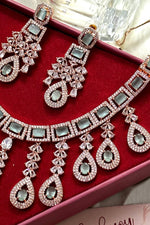 American Diamond Silver Wedding Necklace Earring set, Mint Cz Stone Indian Jewelry, Mint Green Statement Necklace, Indian Designs Jewelry