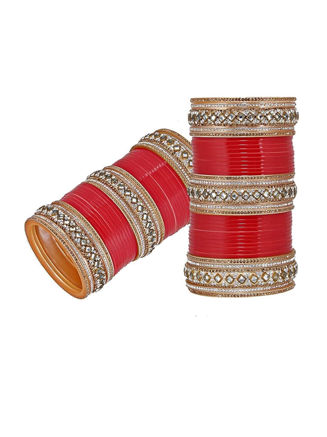 Red Designer White Kundan & Golden Stone Bridal Dulhan Chuda Fashion Punjabi Choora Chura Set