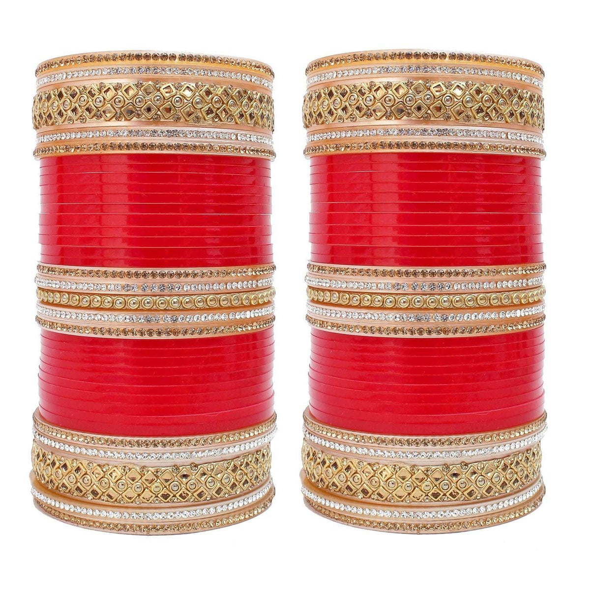 Red Bridal Dulhan Golden & White Stone Chura Designer Fashion Choora Punjabi Chuda Set