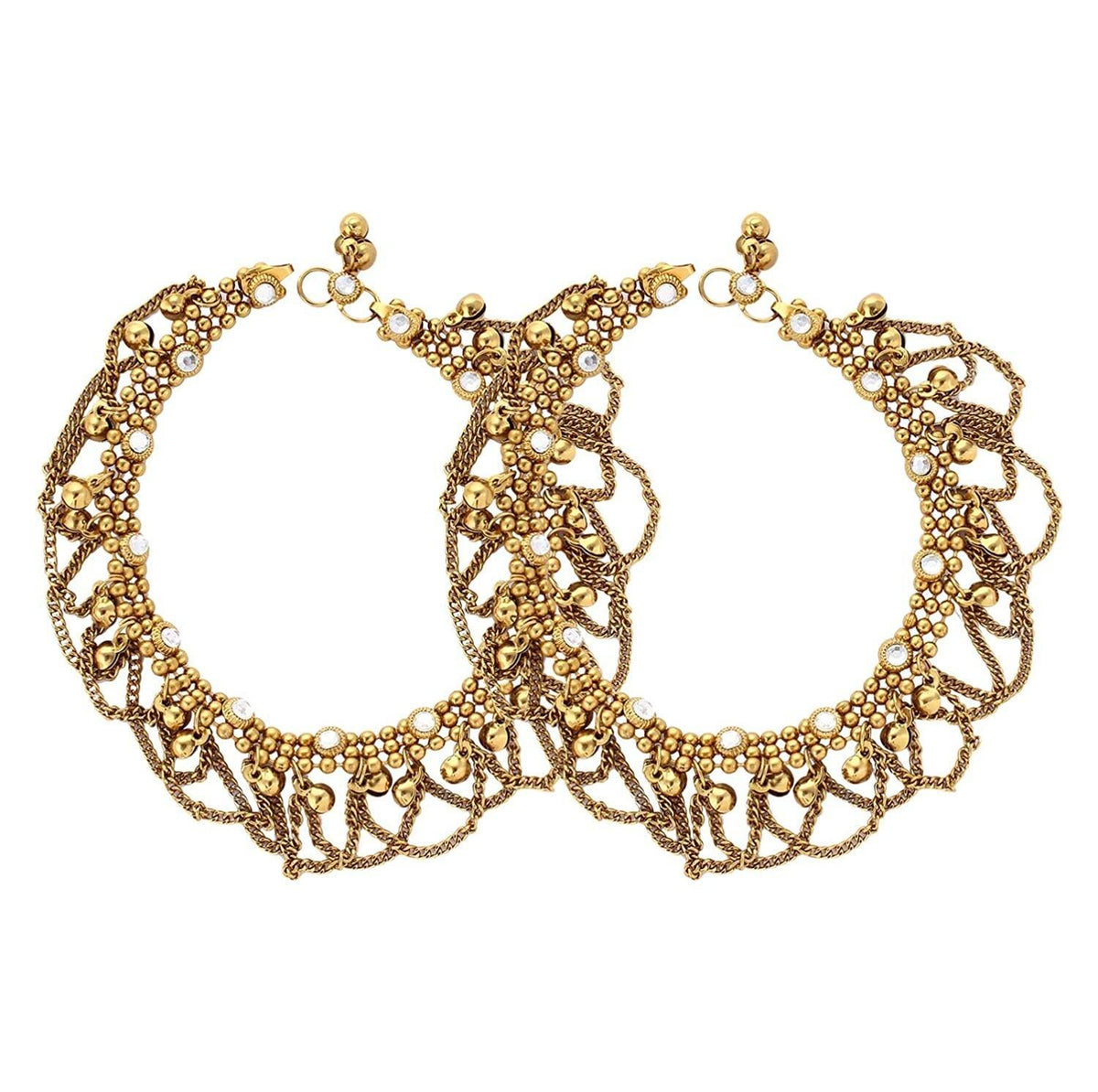 Gold Antique Kundan Payal Anklet, Indian anklets, Gold ankle bracelet pair, Gold anklets pair, Bell anklets for women