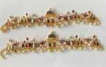 Traditional Gold Plated Pair of Anklets Doli Payal with hanging pearls barefoot jewellery, Rajasthani/Rajwari Gold Plated Payal for bride