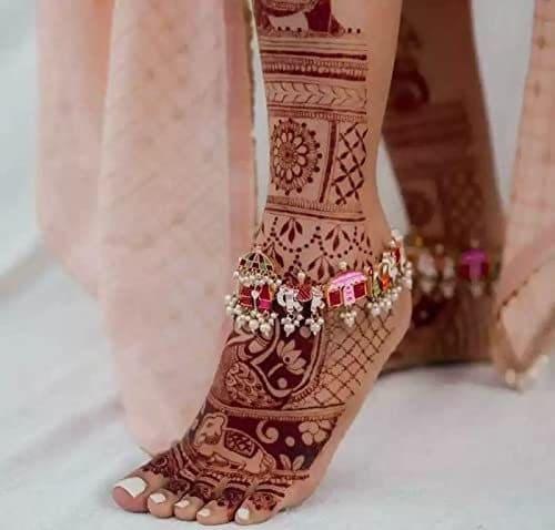 Traditional Gold Plated Pair of Anklets Doli Payal with hanging pearls barefoot jewellery, Rajasthani/Rajwari Gold Plated Payal for bride