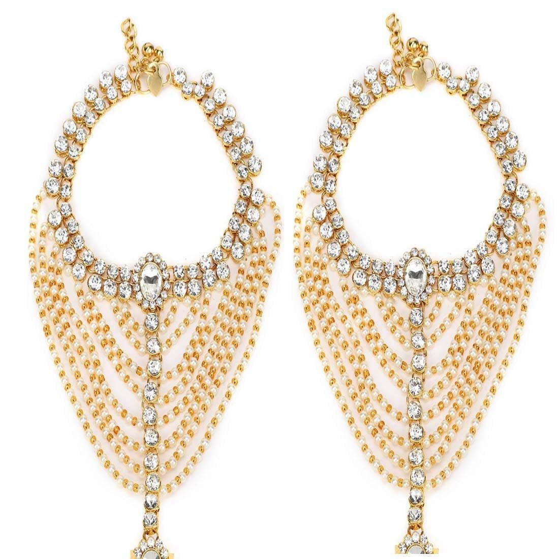 Antique Traditional Kundan Pearls Stone Gold Plated Payal Pajeb Payjeb Painjan Ghungroo Anklet Bracelet Pattilu for Women & Girls