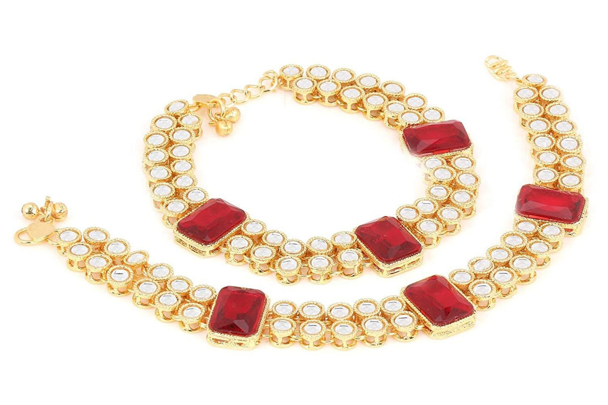 Traditional Gold Plated Bridal Anklets Payal Embellished with Stones & Kundans, Anklets for women, Indian anklet, Gold ankle bracelet pair