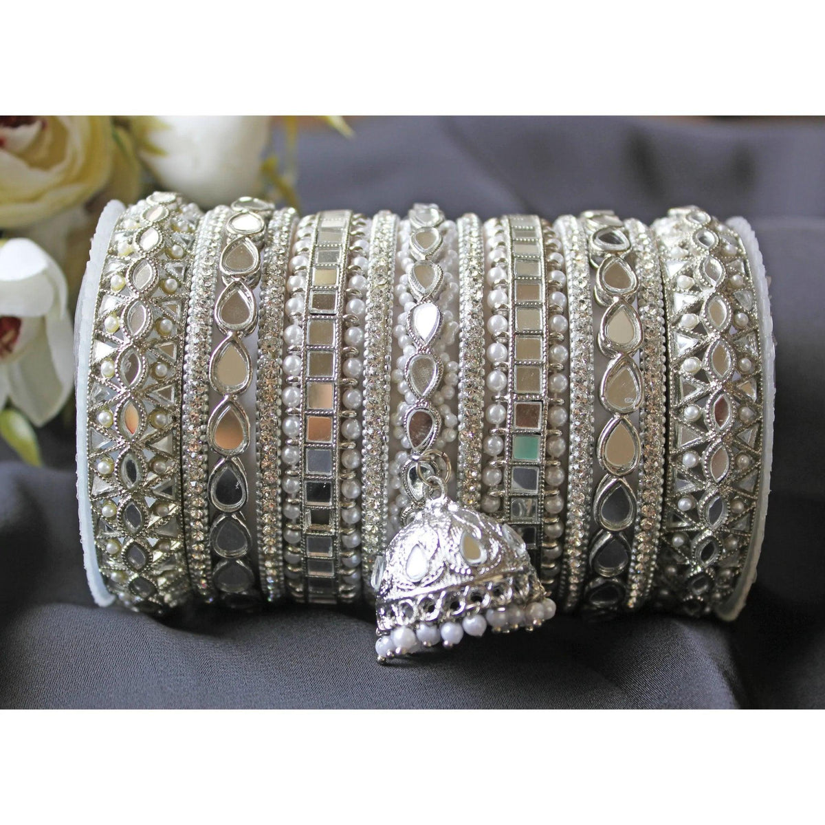 Indian Bangle Set , Bridal Bangles, Traditional Mirror Bangle Set, Brass Metal & Stone Bridal Bangle Set with Jhumki Borders, Indian Jewelry