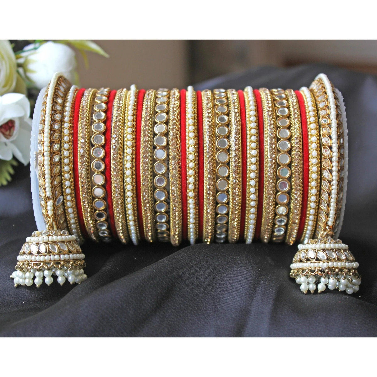 Indian bangle set , Bridal bangles, Traditional Mirror Bangle Set, Brass Metal and Stone Bridal Bangle Set with Jhumki, Wedding Jewelry