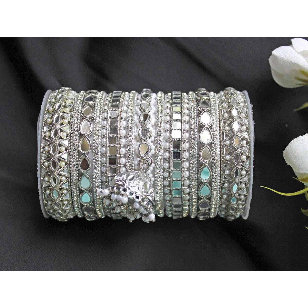 Indian Bangle Set , Bridal Bangles, Traditional Mirror Bangle Set, Brass Metal & Stone Bridal Bangle Set with Jhumki Borders, Indian Jewelry