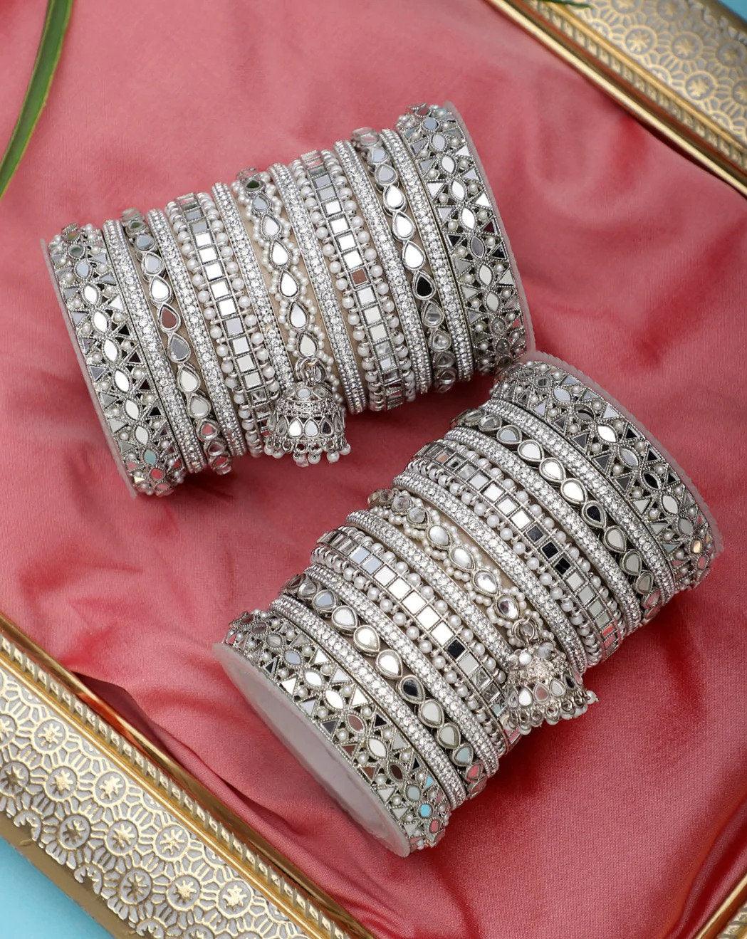 Indian Bangle Set , Bridal Bangles, Traditional Mirror Bangle Set, Brass Metal & Stone Bridal Bangle Set with Jhumki Borders, Indian Jewelry