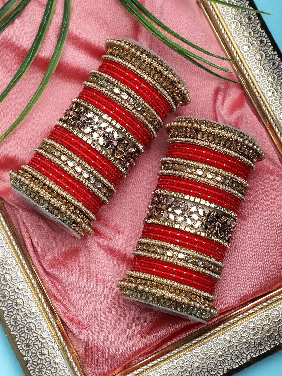 Traditional Punjabi Bridal Red Bangle set with flower mirror kada and pacheli Bangles, Indian Designer Wedding Chura Churi