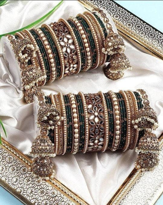 Bridal Thread Bangles Set with Golden Pearl Tassel Bangle Latkan and Mirror Kada Lightweight Jewelry Wedding Bangles, Bridesmaid Gift