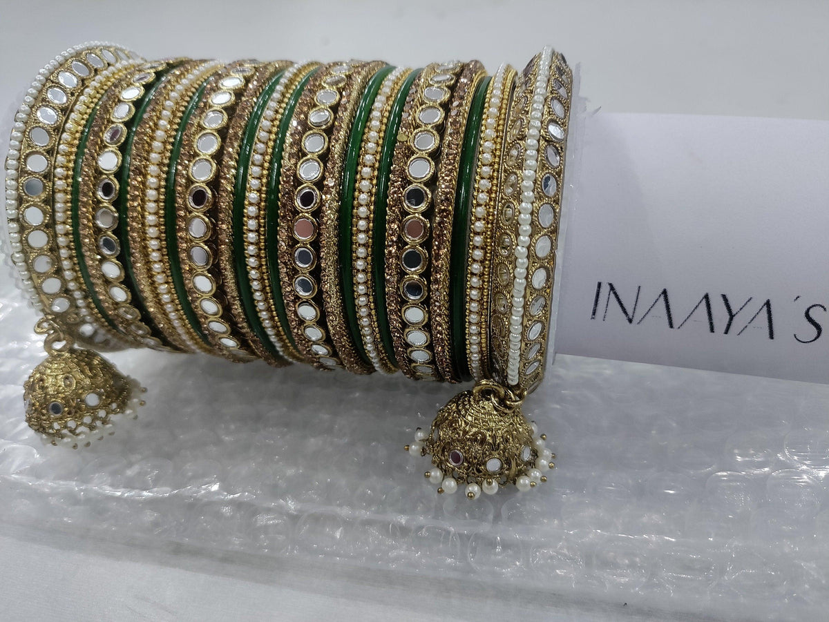 Indian bangle set , Bridal bangles, Traditional Mirror Bangle Set, Brass Metal and Stone Bridal Bangle Set with Jhumki, Wedding Jewelry