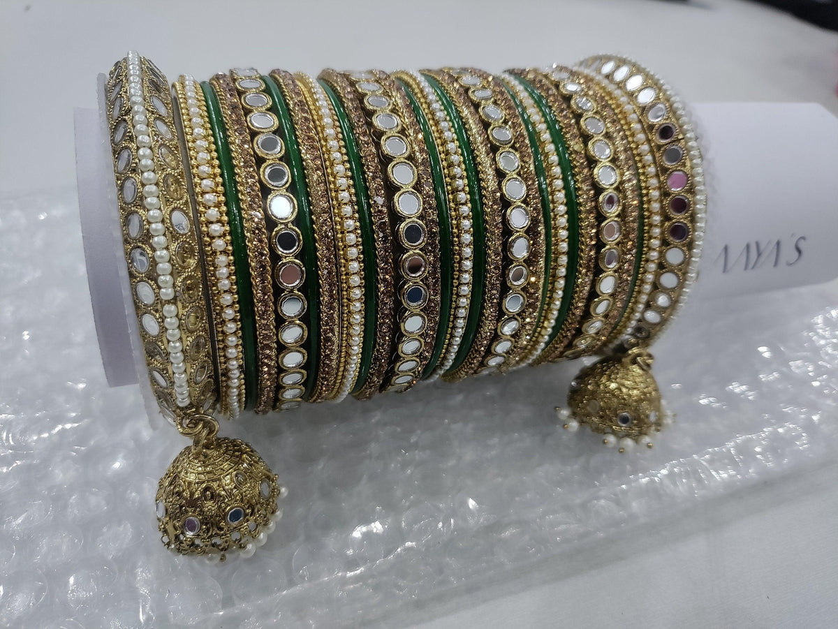 Indian bangle set , Bridal bangles, Traditional Mirror Bangle Set, Brass Metal and Stone Bridal Bangle Set with Jhumki, Wedding Jewelry