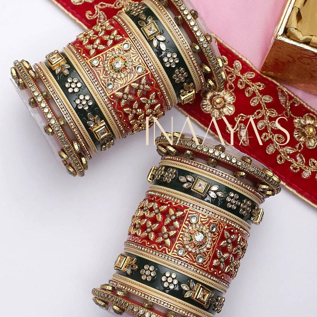 Traditional Rajwadi chuda, Bridal chuda, Dulhan Bridal Art Stones Bangles Set, Jaipur Rajasthani Indian chura, Red Green Chura Set