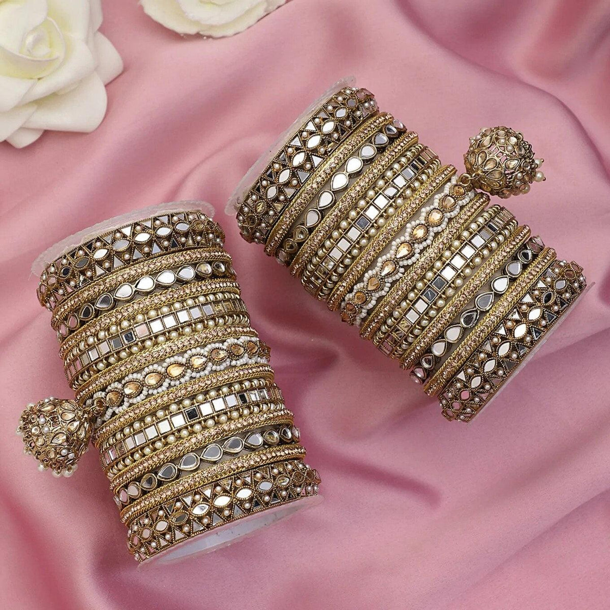 Indian Bangle Set , Bridal Bangles, Traditional Mirror Bangle Set, Brass Metal & Stone Bridal Bangle Set with Jhumki Borders, Indian Jewelry