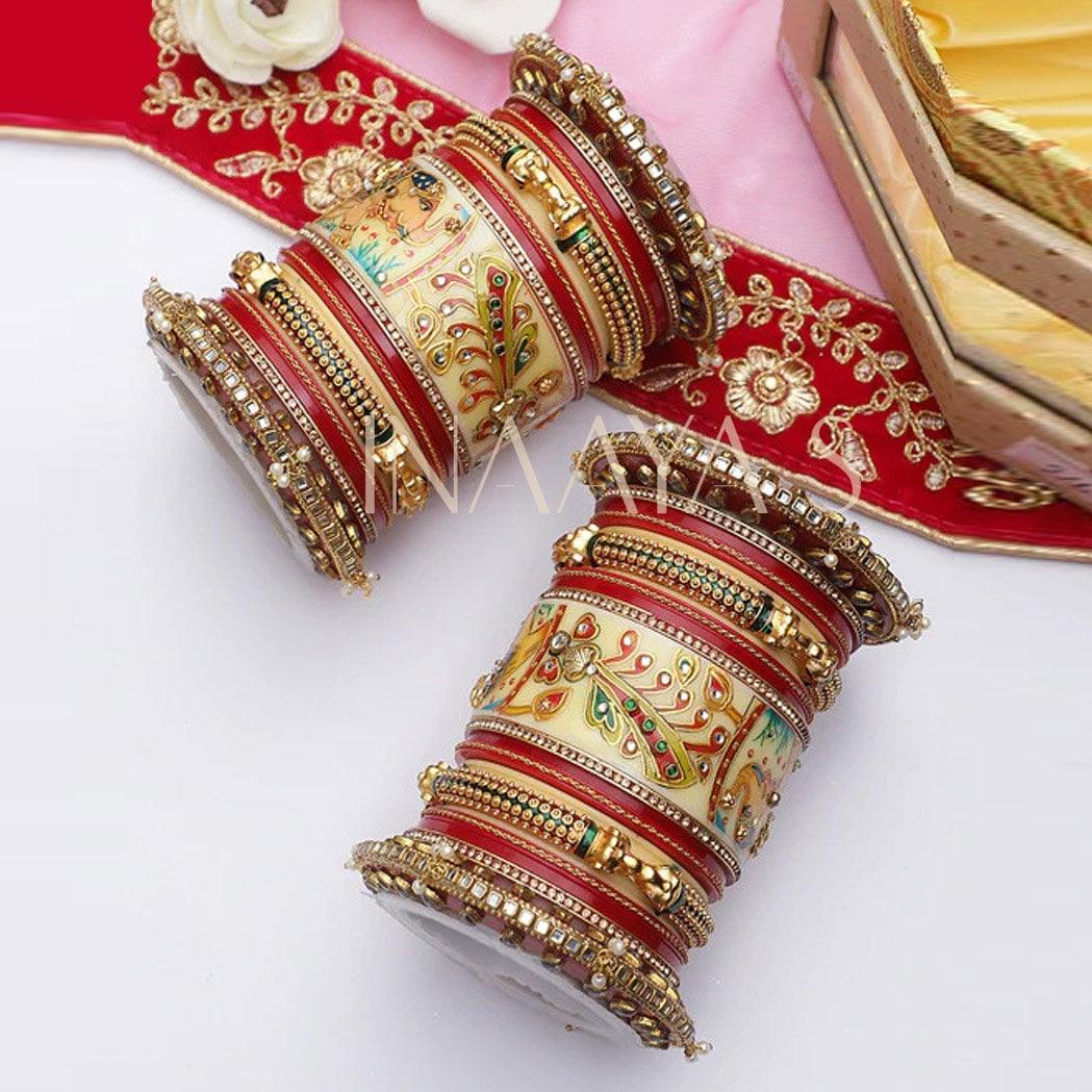 Traditional Ganesha Rajwadi chuda, Bridal chuda, Dulhan Bridal Art Stones Bangles Set, Jaipur Rajasthani Indian chura, Red Green Chura Set