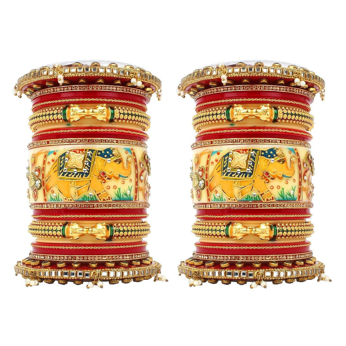 Traditional Ganesha Rajwadi chuda, Bridal chuda, Dulhan Bridal Art Stones Bangles Set, Jaipur Rajasthani Indian chura, Red Green Chura Set