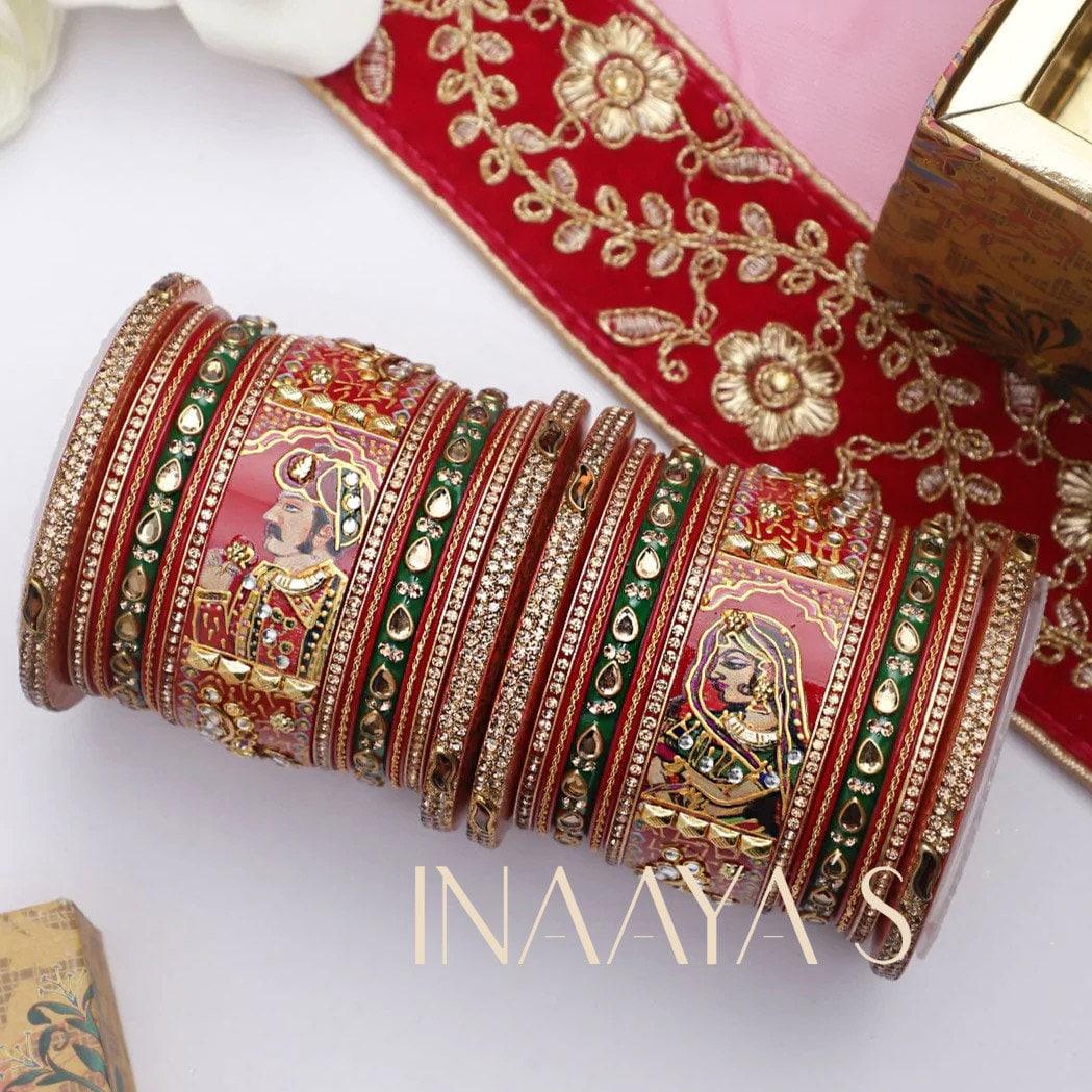 Raja Rani King Queen Rajwadi chuda, Bridal chuda, Dulhan Bridal Art Stones Bangles Set, Jaipur Rajasthani Indian chura, Red Green Chura Set