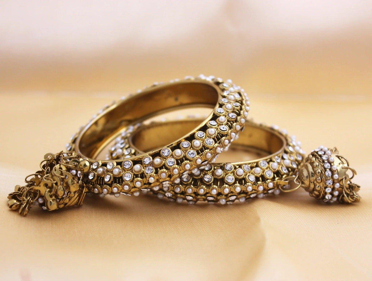 Set of 2 Golden Kundan Beaded Jhumki Bangles, Pearl & Stone Bangle, Cz Bangles, Bangles With Latkan, Indian Bangles