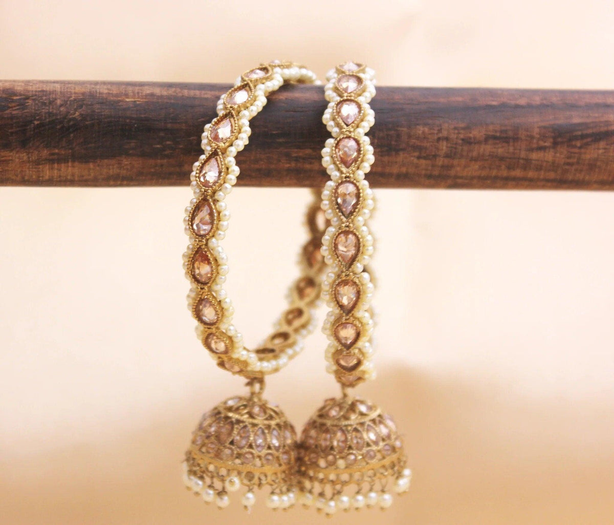 Set of 2 Golden Kundan Beaded Jhumki Bangles, Pearl & Stone Bangle, Cz Bangles, Bangles With Latkan, Indian Bangles