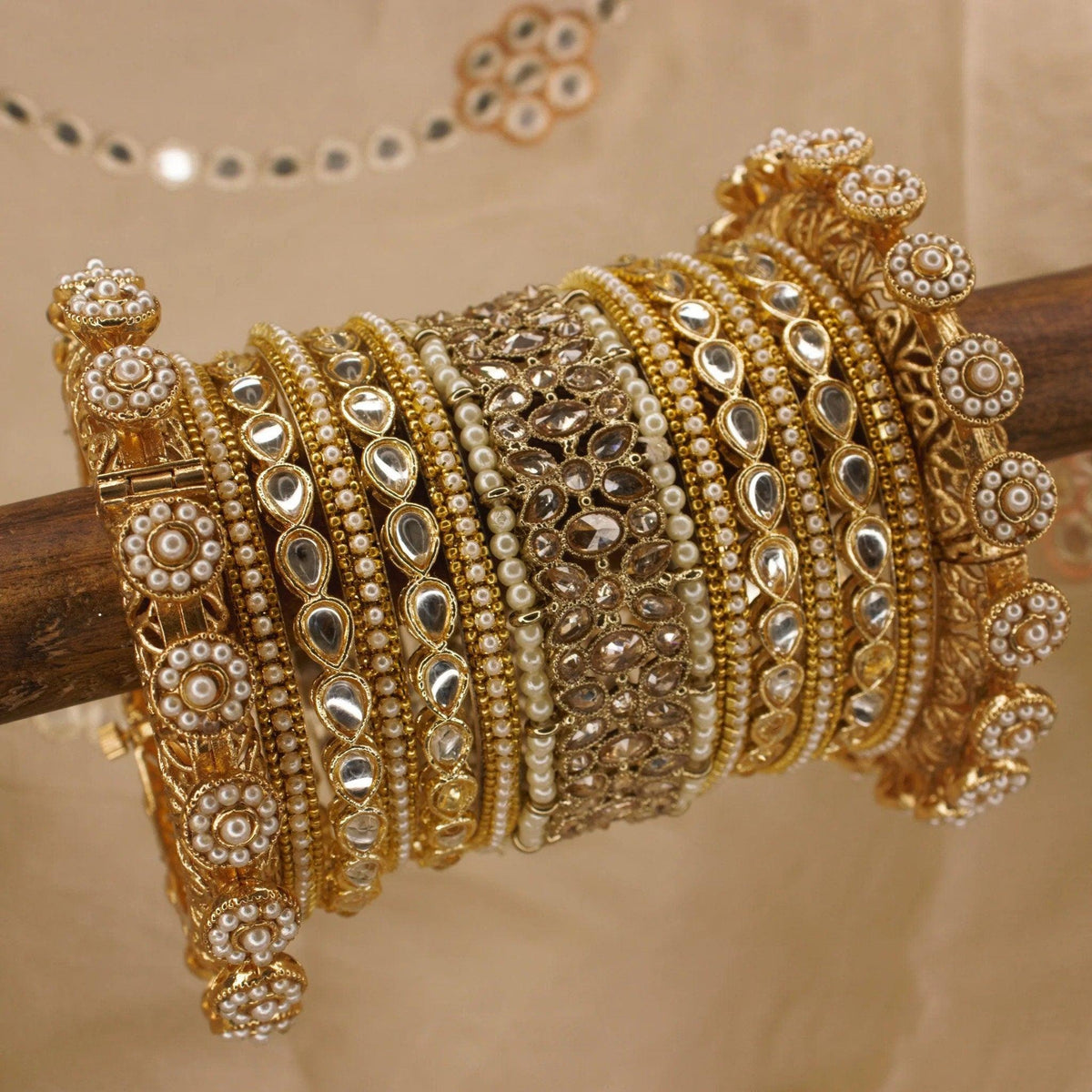 Gold Ranisa Bangle Set with Kundan pearl kada, Bridal bangles, Bridal Choora Set Wedding Eid Karwachauth Navratri Bollywood Choora