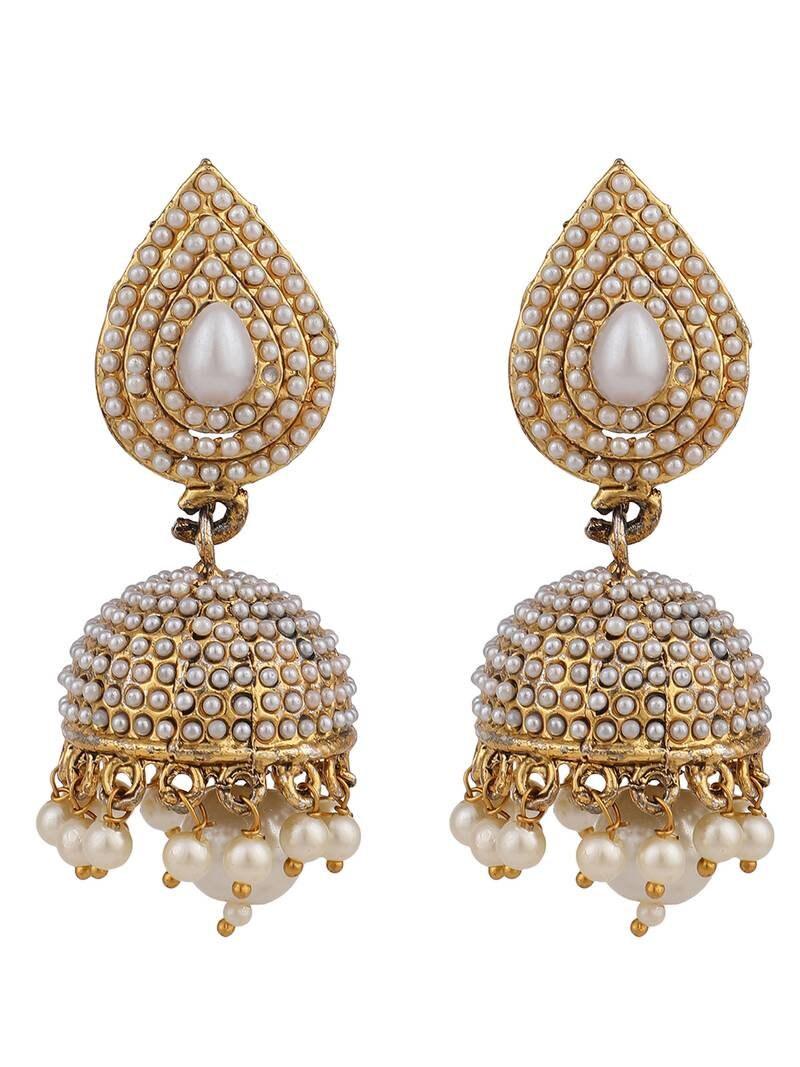 Jhumka earrings, Pearl Off White Brass Tear Drop Shaped Jhumka Earrings, Indian Pakistani ethnic jewelry jewellery danglers
