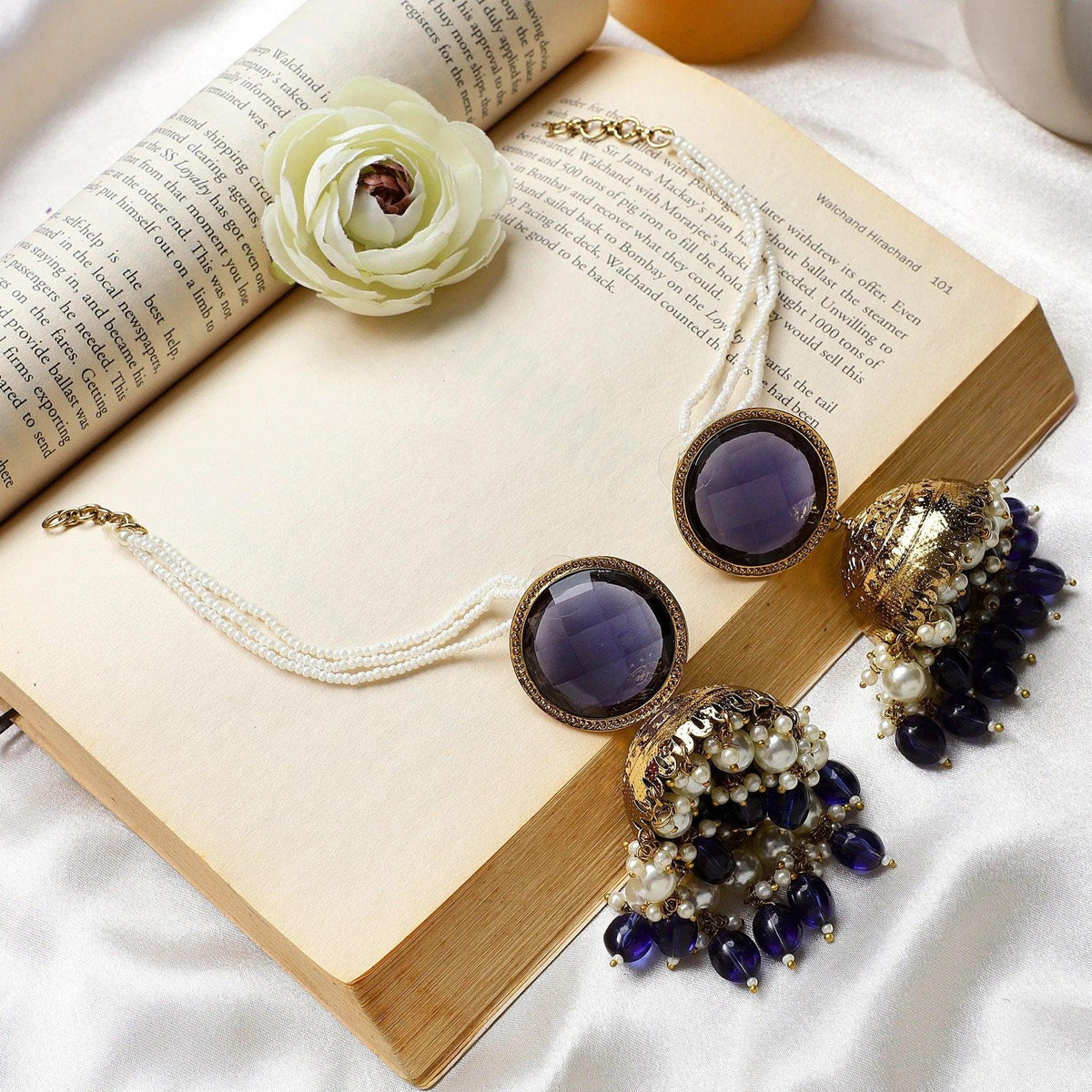 Kundan Jhumki earrings hanging beads earring, Maharani Kundan Meenakari Jhumki with moti hanging and hair chain