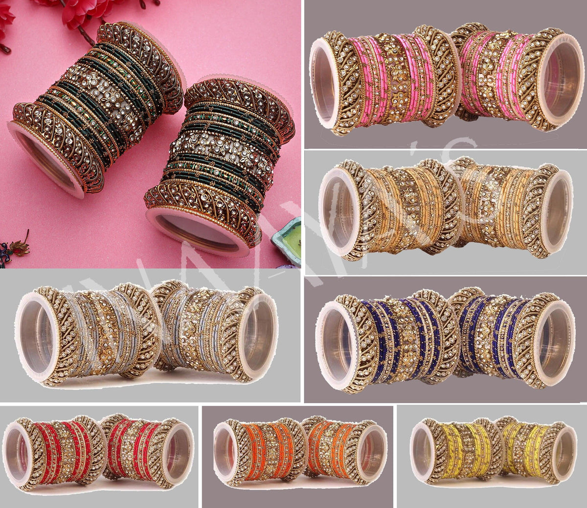 Handmade Indian Bangle Set, Silk Thread Stone Bangle Set 42 Psc, Bridal Bangles, Traditional Bangle Set for Women, Indian Wedding Bangles