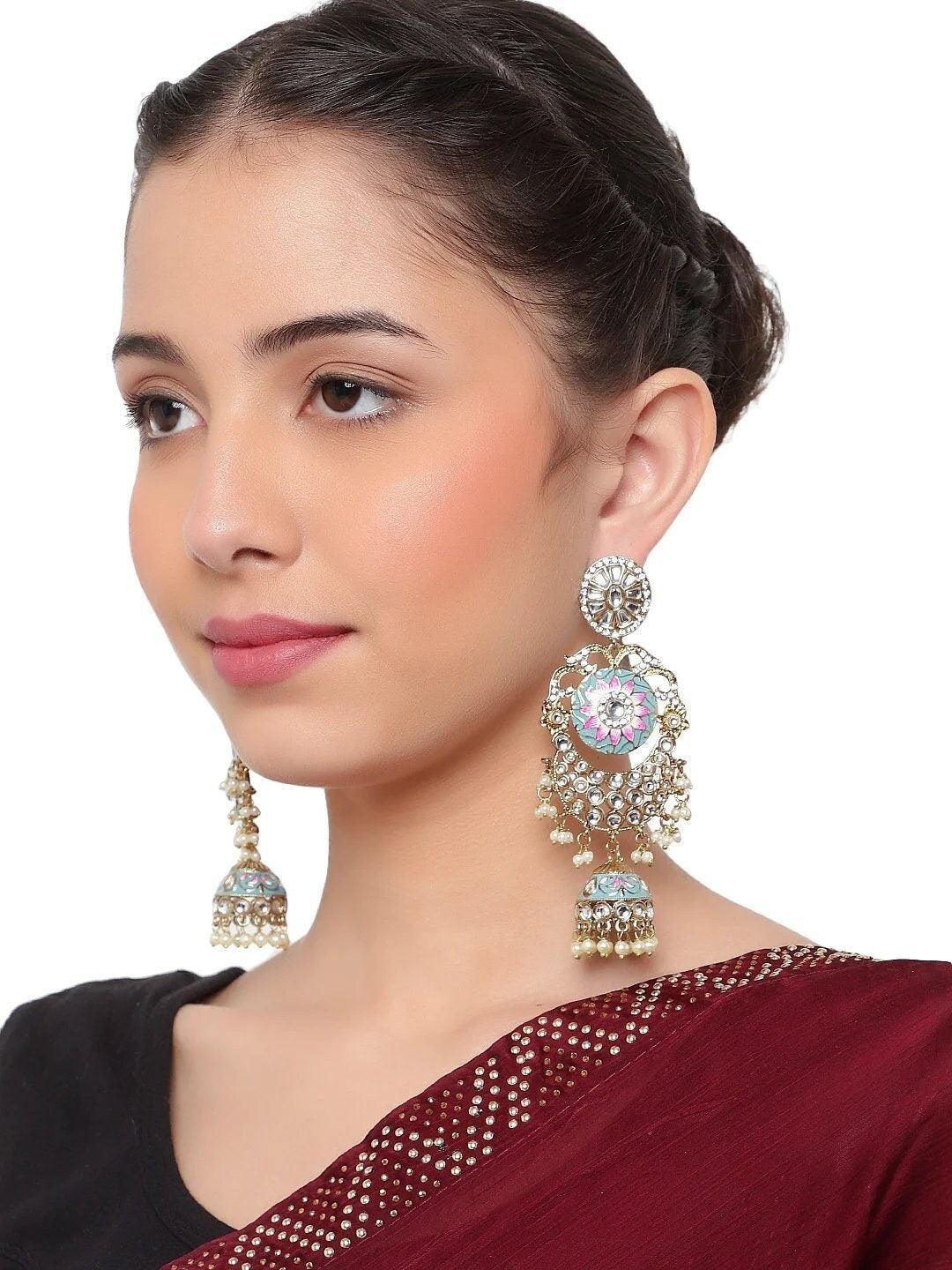 Meenakari Long Bridal Drop Earrings, Long Dangle Earrings, Pearl Stones cluster Dangle Indian Earring, bridal jewelry, Pakistani Jewelry