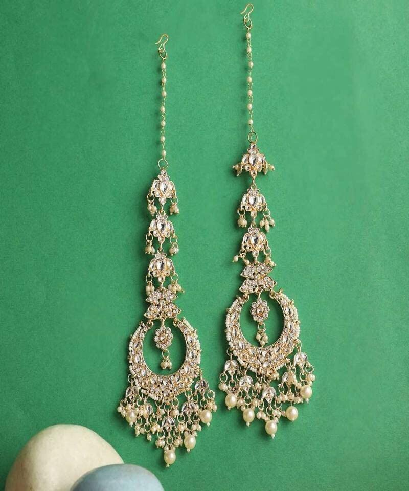 Embellished Kundan stones & pearl chandbalis dangler earrings | Gold plated bollywood indian jewelry | Chandbali earring with earchain