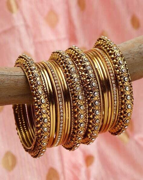 Indian bangle set , Bridal bangles, 16 Golden Metal Bangle Set, Brass Metal and Stone Bridal Bangle Set for Women