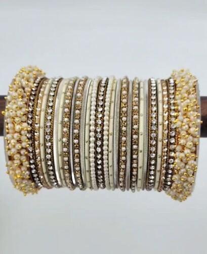 Cream bangles, wedding bangles for bride , Indian wedding bangles set with stones and pearl work, Indian traditional bangles set