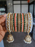 Green & Peach Bridal Bangle Set with Kundan Jhumki, Indian wedding Tassel Bangles Set Woman Jewelry Bangle Set, Wedding Bangles, Jewelry
