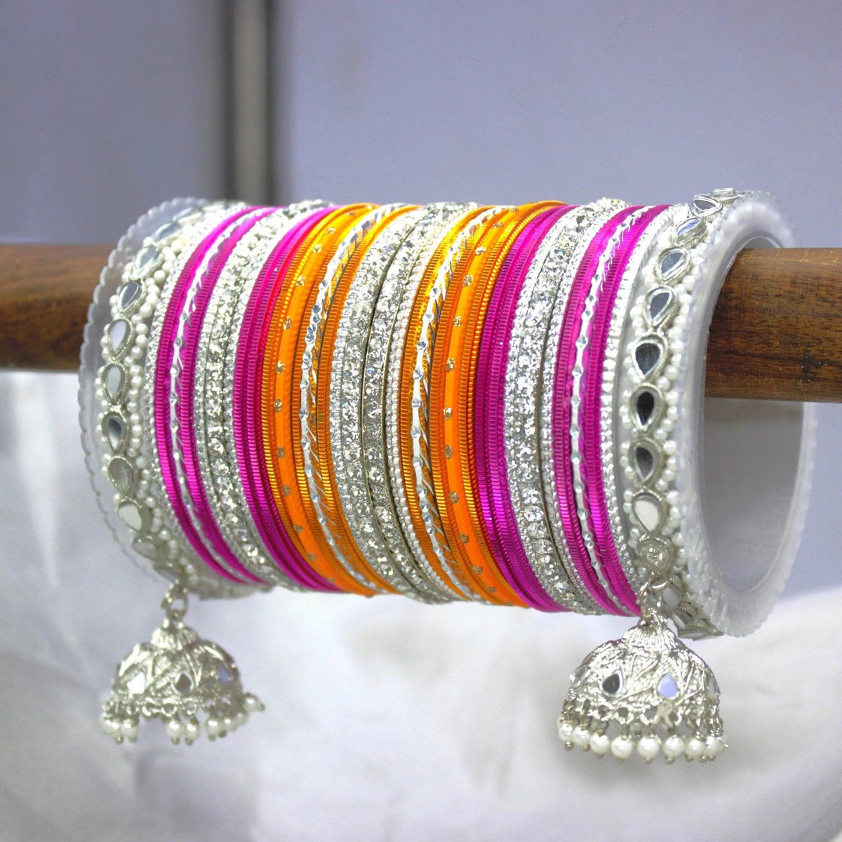 Pastel Bridal Bangle Set with Silver Kundan Jhumki, Indian wedding Tassel Bangles Set Woman Jewelry Bangle Set