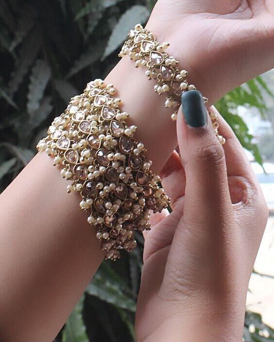 Kundan Indian Bridal Kadas, Pearl Wedding Jewelry, Statement Jewelry, Wedding Bangles, Pearl Bangles, Silver gold kadas