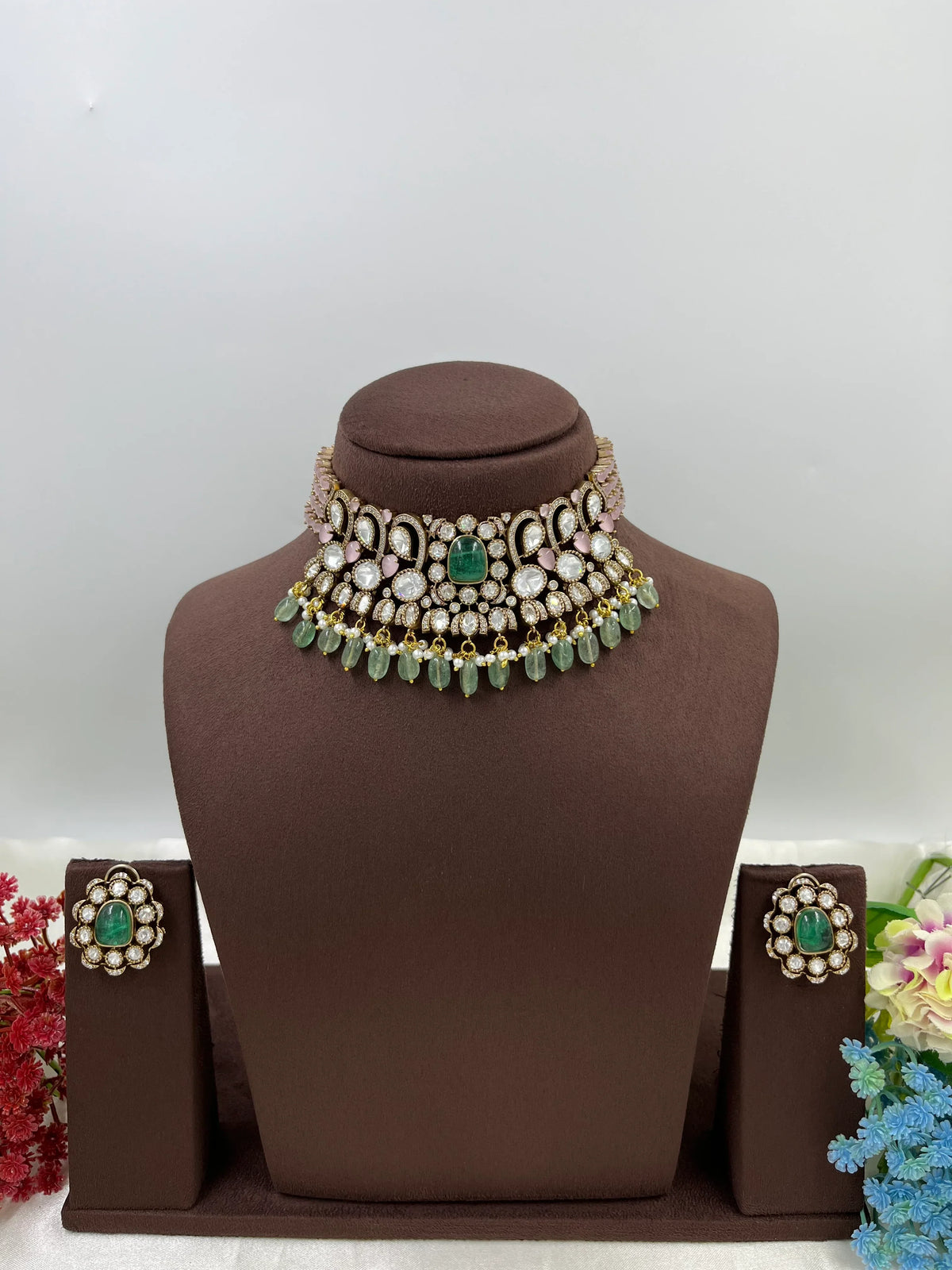 Polki Kundan Choker Necklace Set | Indian Jewellery | Matching Earrings | Premium Polki Kundan Stone Indian Necklace Set