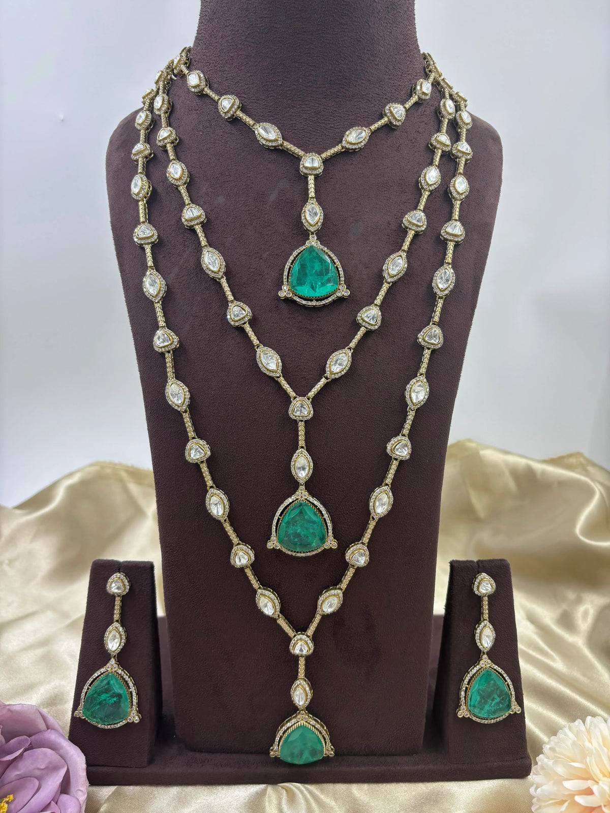 Maharani Mint Victorian Layered Necklace Set | Indian Jewellery | Matching Earrings | Premium Victorian AD Stone Indian Necklace Set for Women