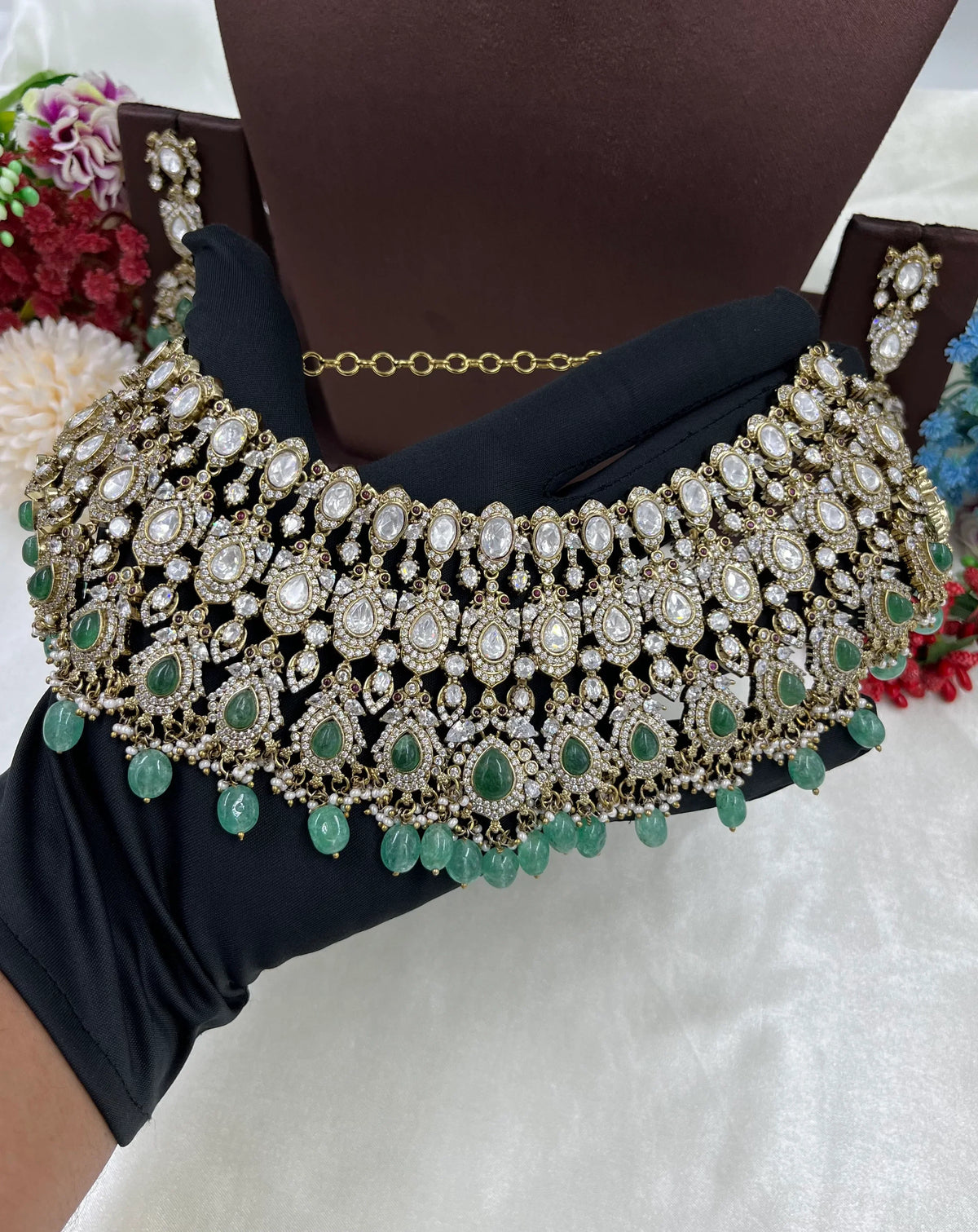 Antique Premium Moissanite Kundan Necklace Set with Earrings & Maang Tikka – Bridal & Party Jewelry