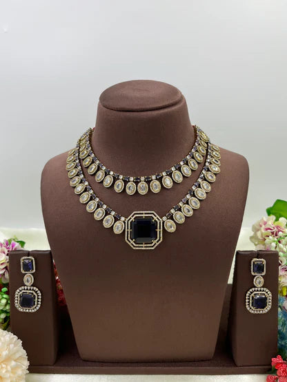 Victorian Double Layered Necklace Set | Indian Jewellery | AD Necklace & Earrings Indian Neckless Set for Bridal & Partywear