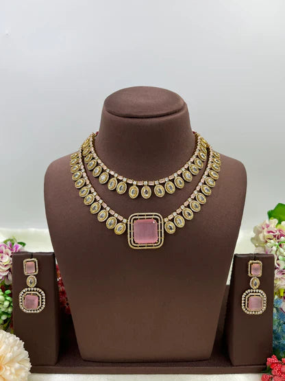Victorian Double Layered Necklace Set | Indian Jewellery | AD Necklace & Earrings Indian Neckless Set for Bridal & Partywear