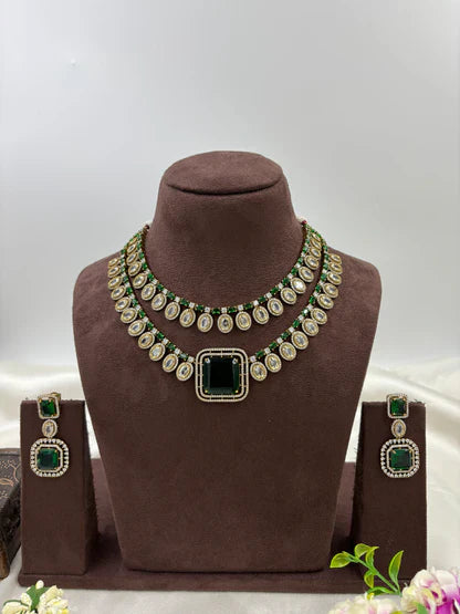 Victorian Double Layered Necklace Set | Indian Jewellery | AD Necklace & Earrings Indian Neckless Set for Bridal & Partywear